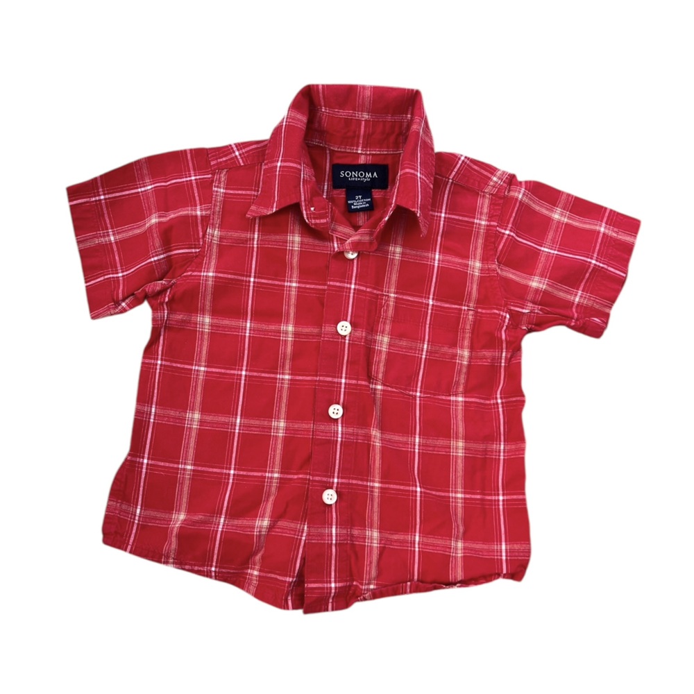 Sonoma Boys Button Down Red Tan White Plaid Short Sleeve Collared Shirt